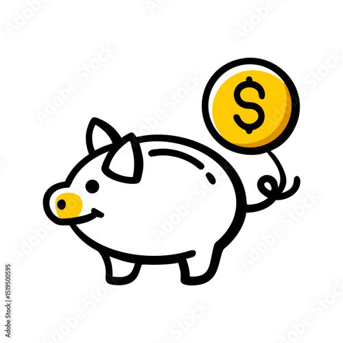 Cute cartoon piggy bank holding a balloon with a dollar symbol floating above it