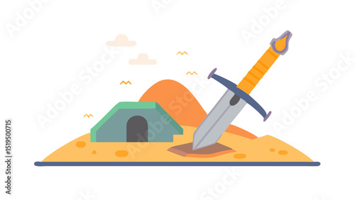 Sword with orange handle embedded in desert sand near a small green dwelling at midday