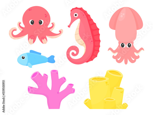 Set of sea inhabitants and corals. Cute sea animals and plants. Octopus, fish, squid, seahorse and coral
