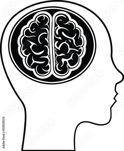 Human Head Profile with Brain Illustration in Black and White