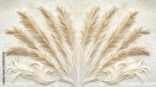 Symmetrical beige floral design on a textured background, resembling carved pampas grass or feathers arranged in a fan-like pattern with ornate scrollwork at the base