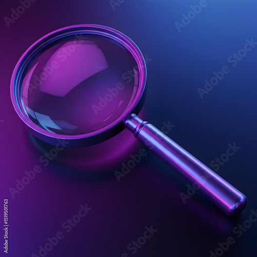 Magnifying Glass: Detailed 3D Render, Purple Neon Illumination, Search Concept