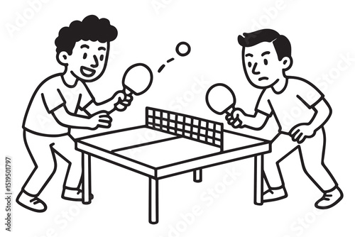 A black and white vector illustration of two men playing table tennis, outlined boldly in black, capturing action, focus, and competitive spirit clearly.

