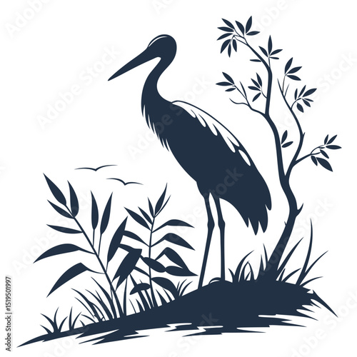Elegant heron silhouette amidst lush vegetation minimalist graphic design illustration