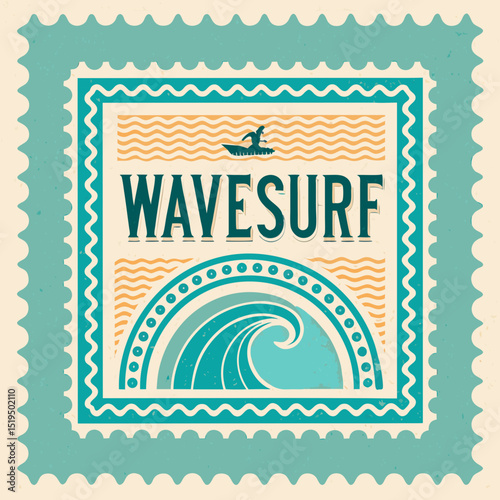 Minimalist Ocean Wave Stamp with Surfer – Vector Art