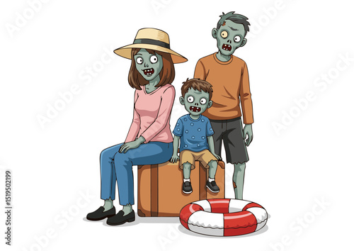Undead Family Vacation A Spooky Zombie Family Illustration Featuring a Mother, Father, and Child on a Summer Holiday