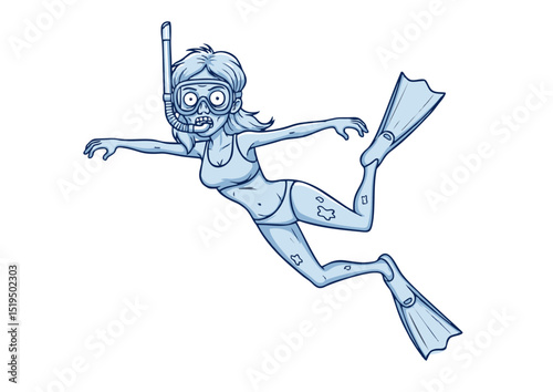 Underwater Adventure A Cartoon Illustration of a Woman Snorkeling, Exploring the Depths of the Ocean, Wearing Snorkel Gear, Fins, and Swimsuit, Enjoying Aquatic Activities, Summer Fun