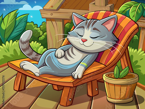 vector of The cat is sleeping on a wooden chair and spoiling itself with its movements