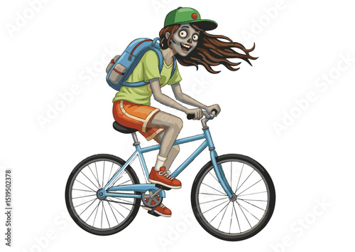Undead Girl on a Bicycle A Spooky and Whimsical Illustration of a Zombie Girl Enjoying a Bike Ride, Perfect for Halloween, Spooky Decorations, or Whimsical Designs