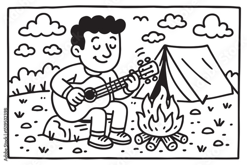 A black and white vector shows a man camping, playing guitar beside a campfire, outlined clearly with bold black lines and detail.