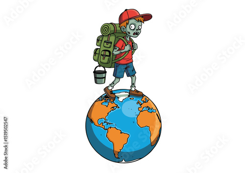 Zombie Globetrotter A Hilarious Illustration of a Undead Adventurer Trekking Across the World