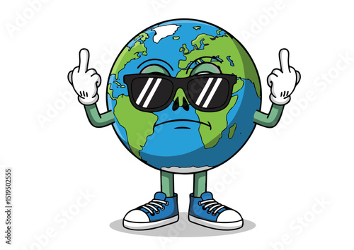 Cool Earth Character Illustration Planet Earth Cartoon with Sunglasses and Middle Fingers