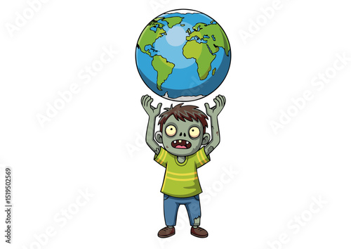 Zombie Boy Lifting the World A Spooky Illustration of Environmental Concerns