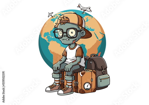 Globetrotting Zombie A Whimsical Illustration of Undead Travel Adventures