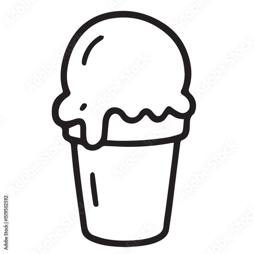 A black and white vector illustration of a cup of ice cream, outlined boldly in black, capturing texture and creamy details clearly.

