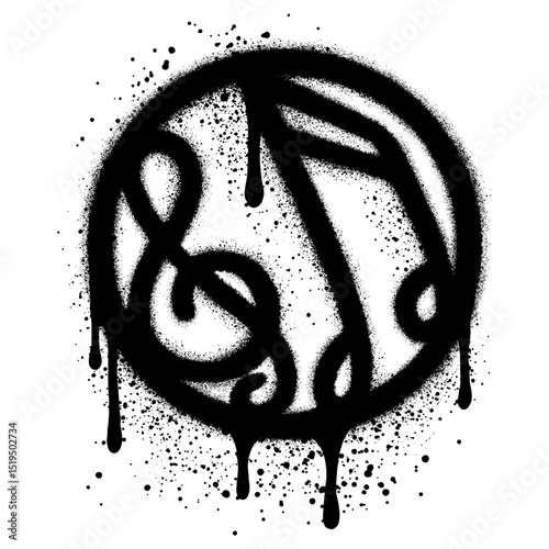Treble clef icon and spray painted graffiti notes Sprayed separately on a white background inside a circle