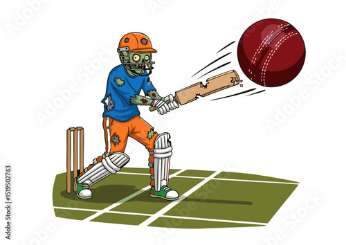 Undead Cricketer A Spooky Illustration of a Zombie Batsman Smashing a Cricket Ball –  A Fun, Spooky, and Creative Cartoon