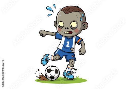 Undead Soccer Star A Hilarious Zombie Cartoon Illustration of a Decaying Soccer Player Kicking a Ball, Perfect for Spooky Sports Fans and Halloween Designs