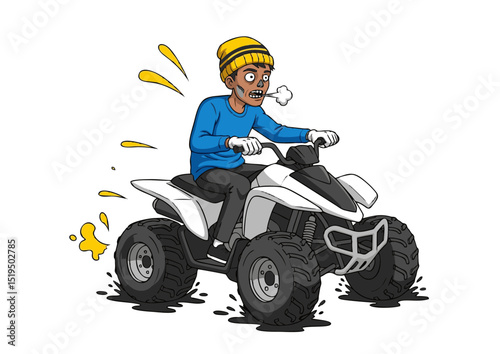 Thrilling ATV Adventure Cartoon Illustration of a Man Riding an All-Terrain Vehicle through Mud and Dirt, Exuding Excitement and Speed
