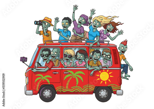 A Spooky Summer Vacation Undead Crew on a Tropical Zombie Road Trip in a Retro Van