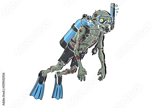Zombie Scuba Diver Spooky Underwater Illustration