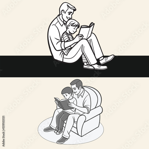 Father and Son Reading Together: Capturing a heartwarming illustration where a father and son are immersed in a book, symbolizing the beauty of bonding through reading. 
