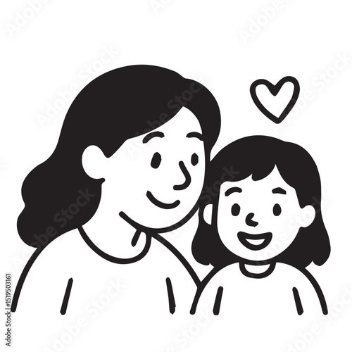 A black and white vector illustration of a loving mother gently embracing her little daughter, outlined clearly with strong, bold black lines.