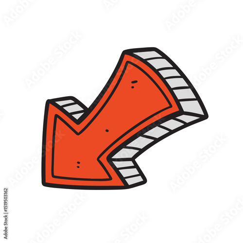 Hand drawn curved red arrow pointing down left with thick black outline and 3D effect. Ideal for infographics, directions, UX UI design, comic elements, and promotional visuals.
