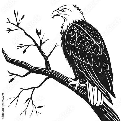 Majestic bald eagle perched on tree branch black and white illustration