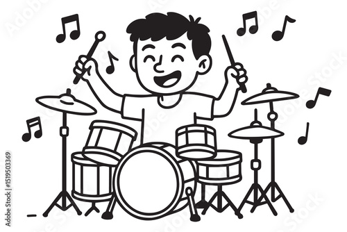 Vector image in black and white shows a male drummer in action, outlined clearly with strong black lines to highlight energy and detail.

