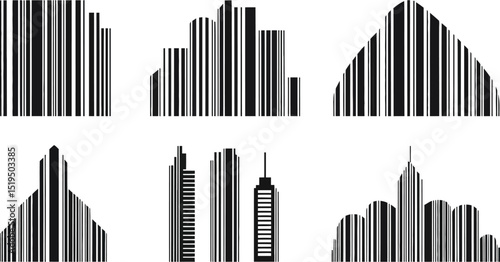 Six black and white barcode illustrations depicting various city skyline shapes on a white background