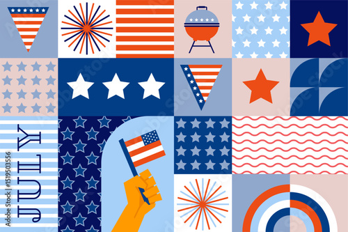 USA Independence Day background. 4th of July design with American flag, icons and symbols. Colorful Abstract Geometric Background. Modern colorful concept design. holiday banner, poster, greeting card