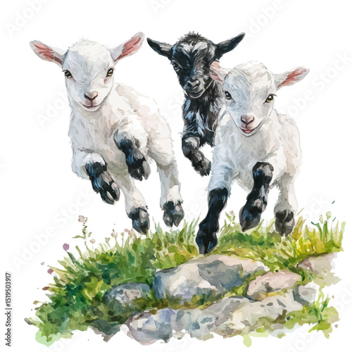 Baby Goats Hopping Hill, watercolor vector, high quality, isolated on a white background.