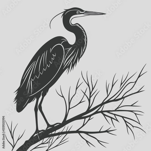 Silhouette illustration of a great blue heron perched on branch,minimalist design