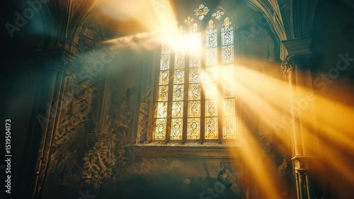 Sunlight streams through stained glass window in old church building, creating light rays and shadow, dramatic architecture.