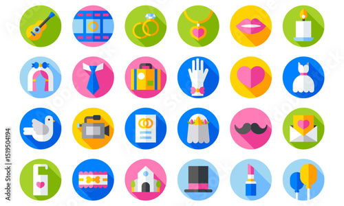 Wedding Ceremony and Reception Icons for Celebration and Love