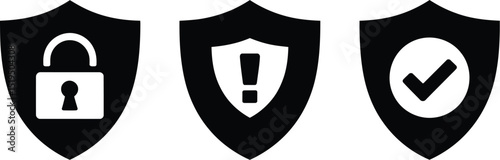 Three black shields displaying a padlock, an exclamation point and a check mark on a white background