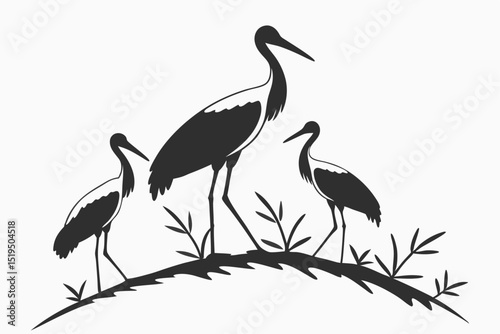 Silhouette illustration of three herons standing on branch with leaves simple design