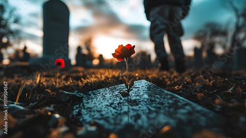 Solitary Red Flower on a Grave at Sunset Person Walking in Background Remembrance