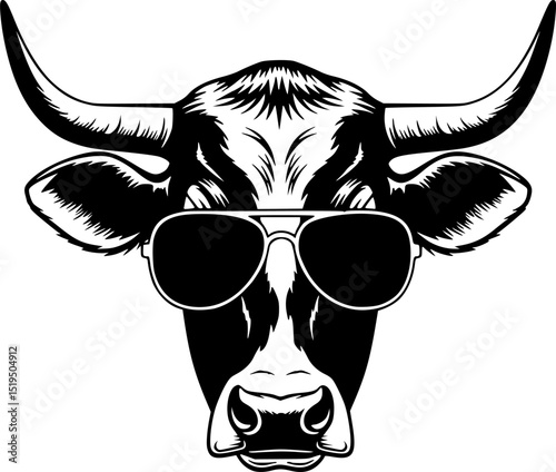 a black and white illustration of a cow's head. The cow has two large horns on its head and is wearing a pair of sunglasses
