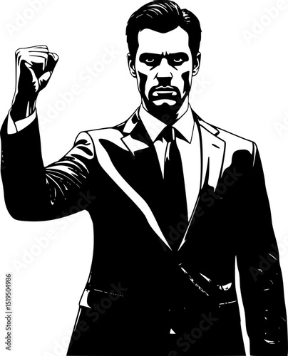 A man is standing in front of a white background. He is wearing a suit and is holding his fist up in the air
