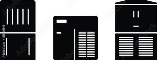 Three black and white minimalist illustrations of hvac units on a white background in a row format