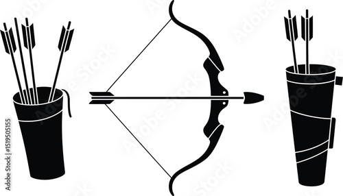 Illustration of a bow and arrow set with quivers and arrows in a simple black and white style