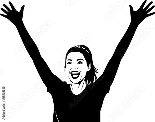 minimalist Photo of excited cheerful woman wear shirt smiling open mouth rising arms palms isolated vector black color silhouette, Black color silhouette png white background