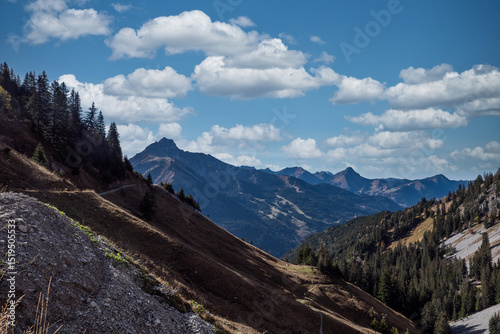 The mountains are covered in trees and the sky is blue