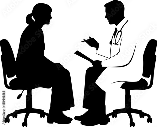 a patient and doctor are discuss sitting on the chair and doing health treatment vector silhouette
