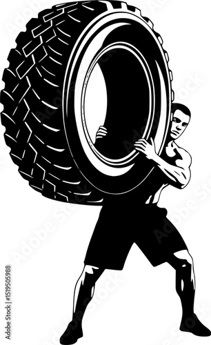 A man is lifting a tire. The tire is black and white. The man is wearing shorts
