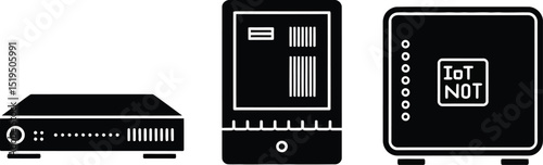 Three black electronic devices including a router a tablet and an iot not device on white background