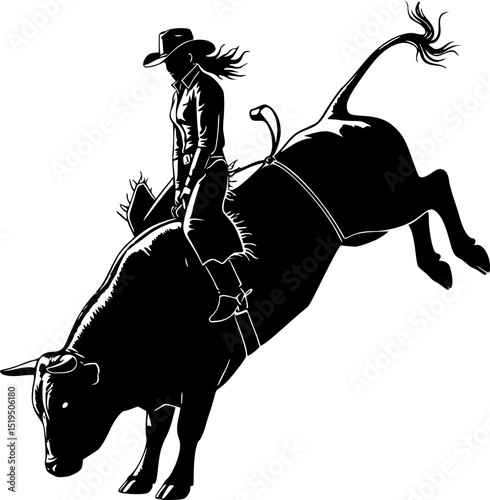a cow girl ridding a aggressive bull, the bull are jumping with back two leg, vector silhouette
