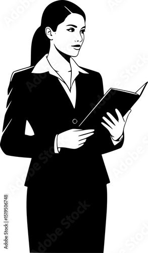 a business woman standing with holding a notebook vector silhouette
